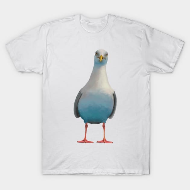 Quirky curious seagull. Chip hungry seagull. Ocean bird illustration. Seabird artwork. T-Shirt by PlumpPlumStudio